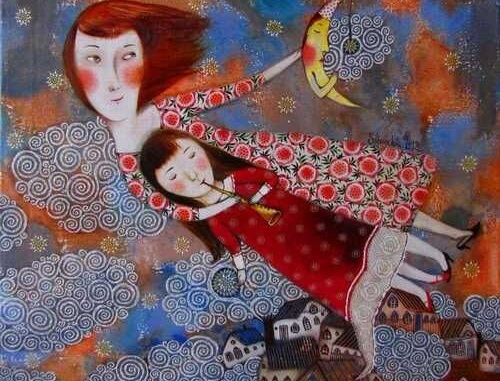 pintura de uma mãe com sua filha no colo ensinando-a a tocar flauta