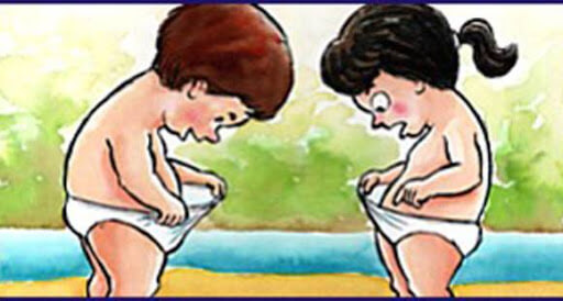 menino e menina olhando para seus órgãos genitais