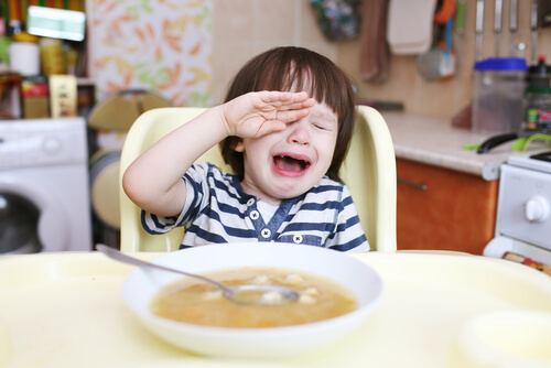 menino diante de um prato de comida tendo ataques de birra