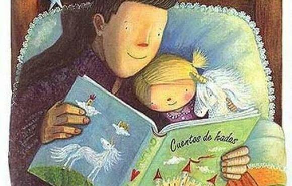 Pai e filha lendo histórias para dormir