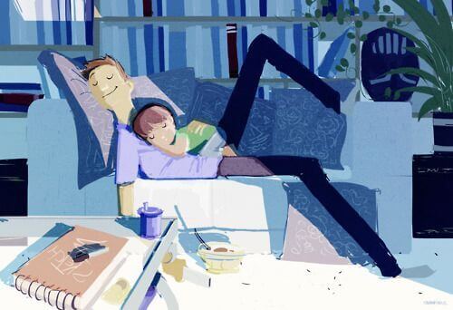 Pai com o filho no sofá, carinho para criar filhos independentes