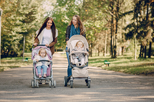 mães passeando com os filhos no carrinho pelo parque