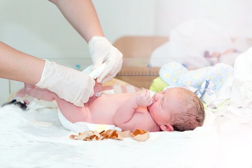 Bebê com seu cordão umbilical cortado