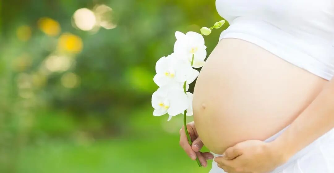 Barriga de mulher grávida com flores.