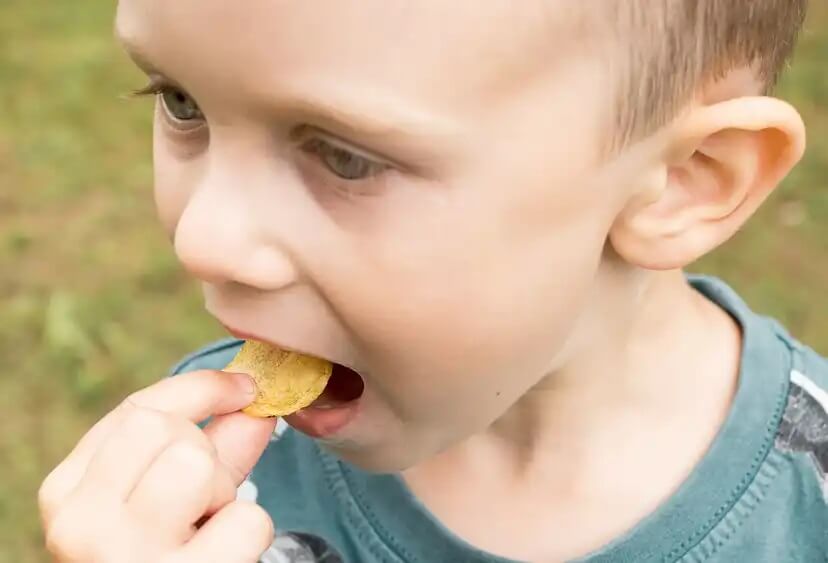 Criança comendo batatinhas com muito sal.