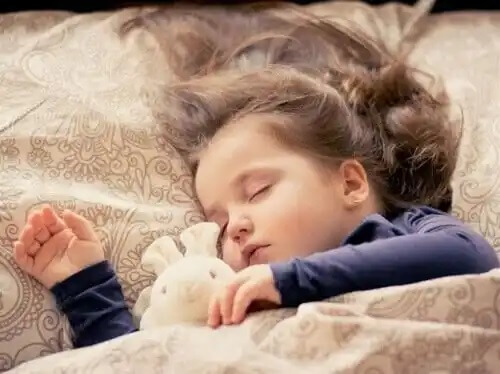 Criança dormindo com seu bichinho de pelúcia.