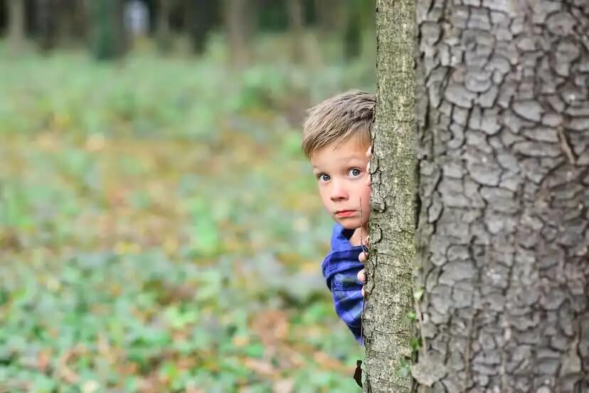 Menino se escondendo atrás de uma árvore devido aos seus medos evolutivos.