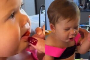 Vídeo mostrando a pequena Maria Alice experimentando morango pela primeira vez é hilário