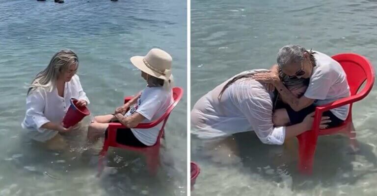 Em vídeo emocionante, neta leva avó de 94 anos para tomar banho de mar pela primeira vez