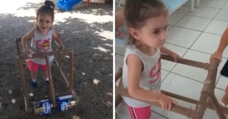 Pais fabricam andador usando tubos de PVC e latas de alumínio para a filha com paralisia cerebral